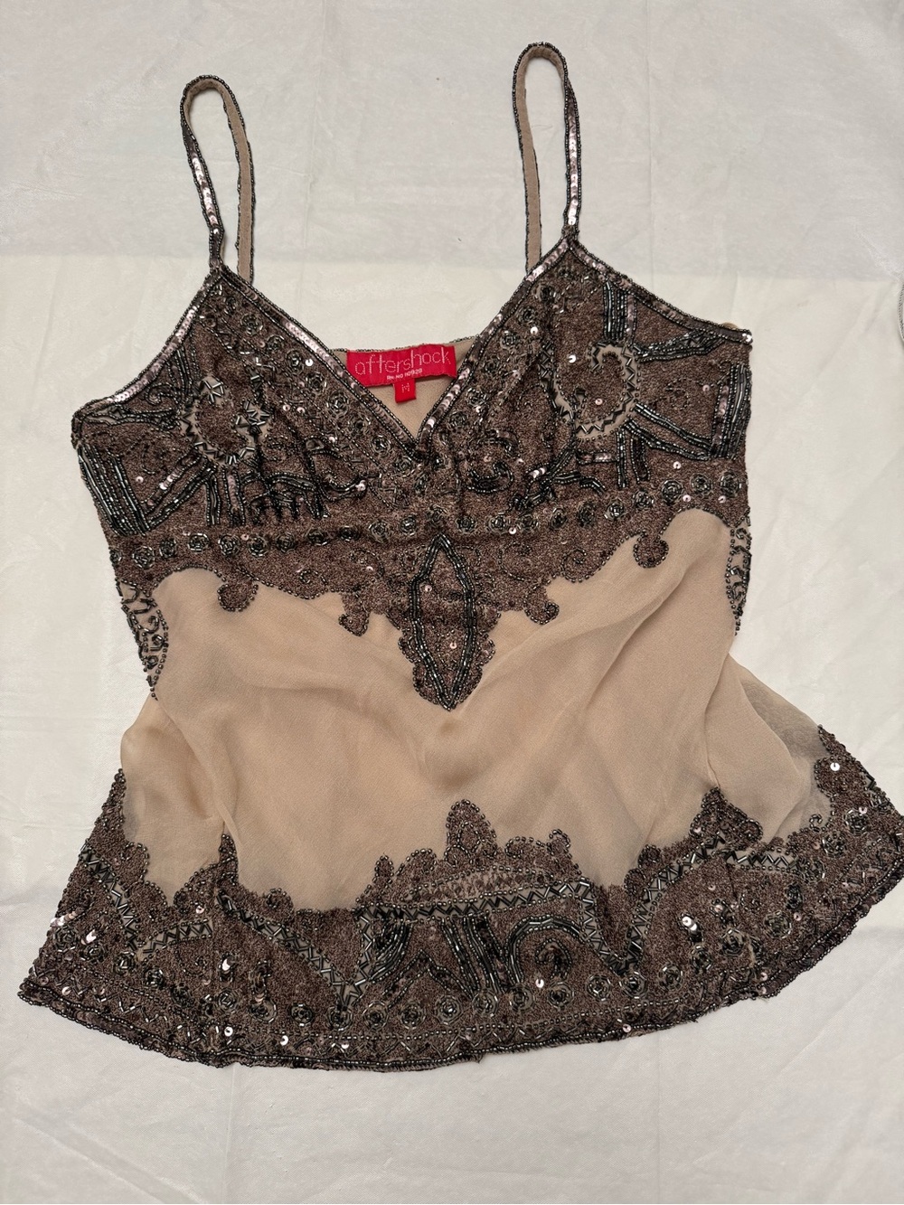 Aftershock 100% Silk Beaded Sequin Camisole Top Brown/Taupe Y2K
